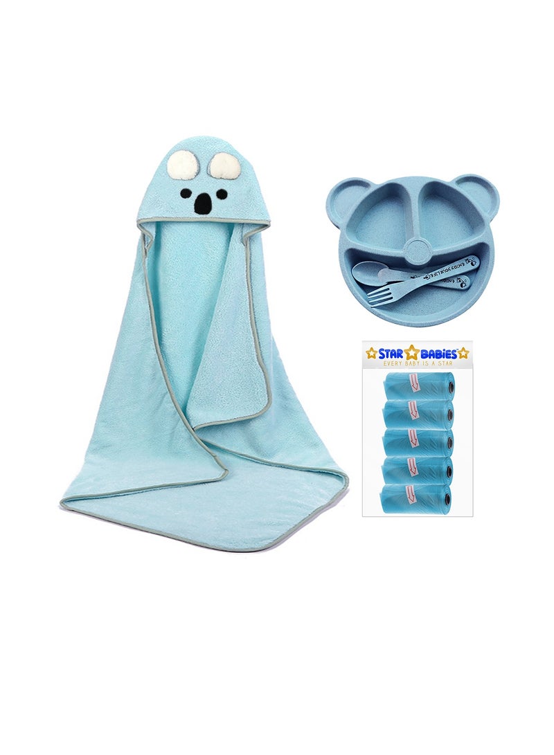 Star Babies Combo Pack (Microfiber hooded Towel, Scented Bag Pack of 5, Organic baby plate) - Blue