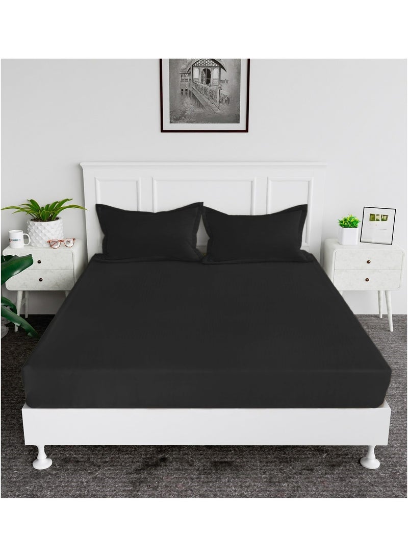 Cotton Tc180 Fitted Bed Sheets +  Pillow Covers, King/Queen/Double/Single Sizes, Color Black