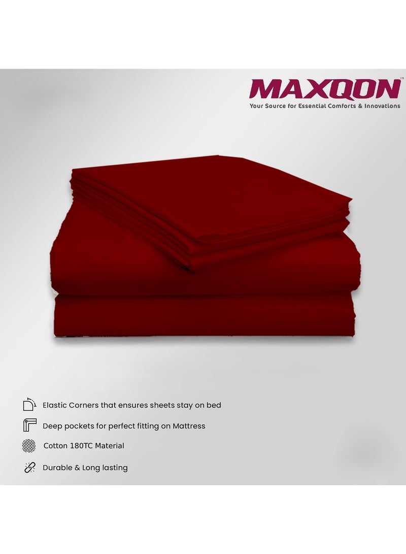 Cotton Tc180 Fitted Bed Sheets +  Pillow Covers, King/Queen/Double/Single Sizes, Color Maroon