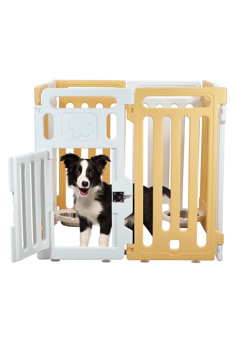 Pet playpen with Safety door lock, Feeding bowls, and Suction cup, Portable plastic pet playpen for small-sized dogs, Suitable for indoor & outdoor use, Easy to assemble 70 cm (Yellow, White)