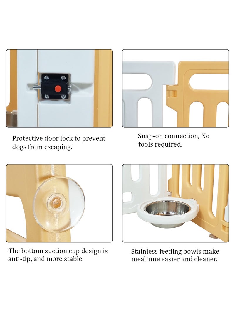 Pet playpen with Safety door lock, Feeding bowls, and Suction cup, Portable plastic pet playpen for small-sized dogs, Suitable for indoor & outdoor use, Easy to assemble 70 cm (Yellow, White)