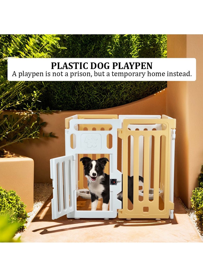 Pet playpen with Safety door lock, Feeding bowls, and Suction cup, Portable plastic pet playpen for small-sized dogs, Suitable for indoor & outdoor use, Easy to assemble 70 cm (Yellow, White)