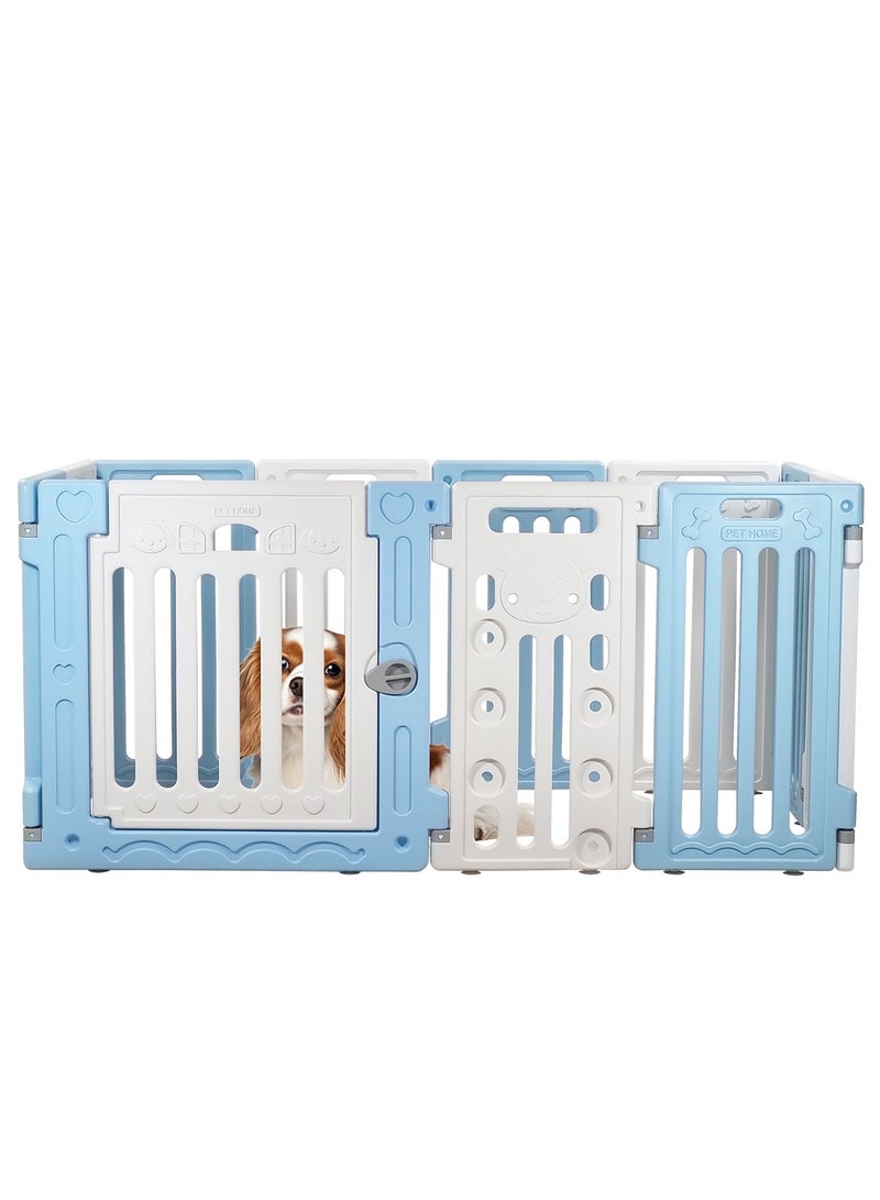 Plastic dog playpen with Safety door lock and Suction cup, Detachable pet playpen for small to medium-sized dogs, Ideal for indoor & outdoor use, Easy to assemble 136 cm (Blue, White)