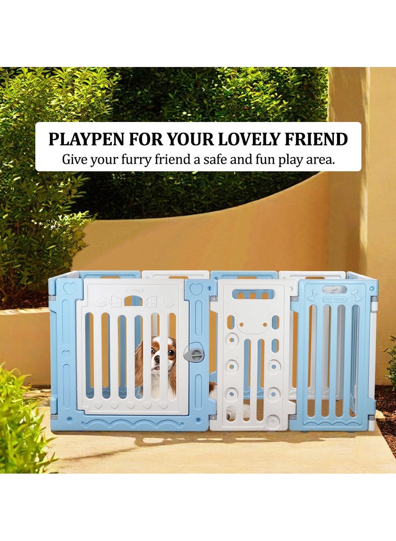 Plastic dog playpen with Safety door lock and Suction cup, Detachable pet playpen for small to medium-sized dogs, Ideal for indoor & outdoor use, Easy to assemble 136 cm (Blue, White)