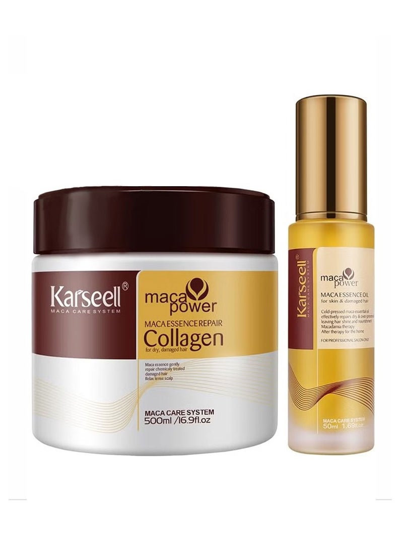 Karseell Collagen Hair Treatment - Deep Repair Mask 500ml - Argan Oil Hair Serum for Dry Damaged Hair 50ml - All Hair Types