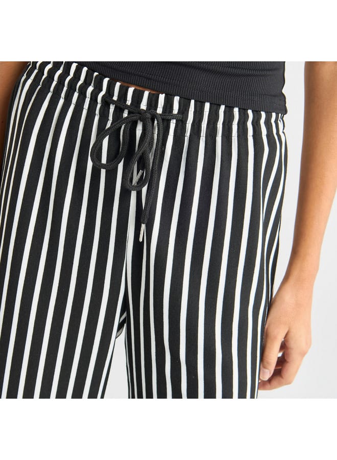 Striped Wide Leg Pants with Drawstring Closure