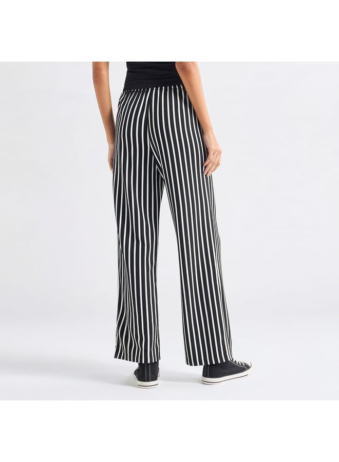 Striped Wide Leg Pants with Drawstring Closure