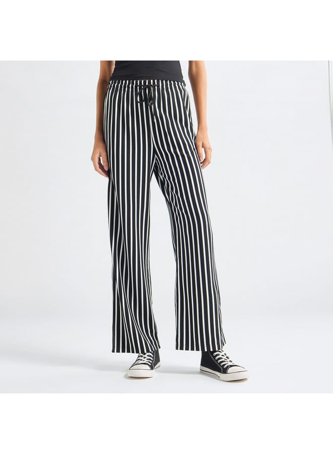 Striped Wide Leg Pants with Drawstring Closure