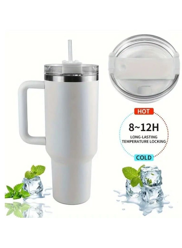 Tumbler with Handle Insulated Stainless Steel Travel Coffee Mug with Straw&Lid Large Water Bottle Cup for Hot&Cold Beverages (White)