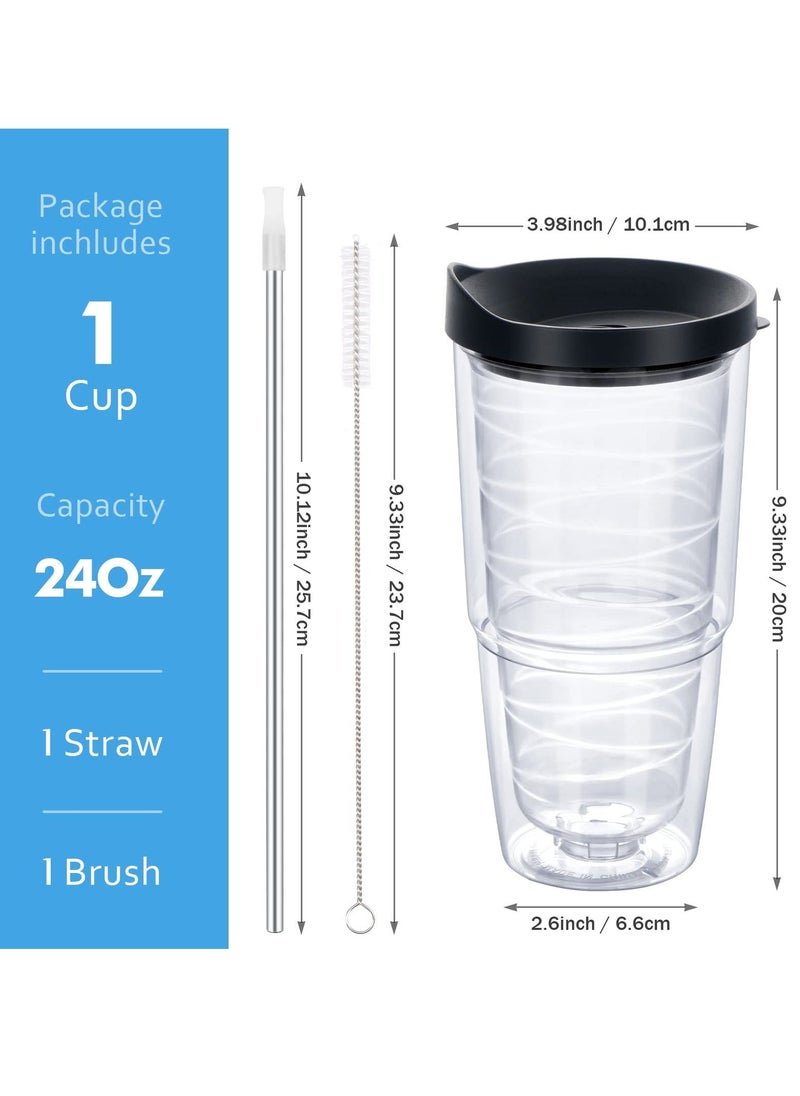 24 Oz Insulated Tumbler with Double Wall, Clear Plastic Cup with Black Lid and Straw, Ideal for Hot and Cold Drinks, Large Capacity