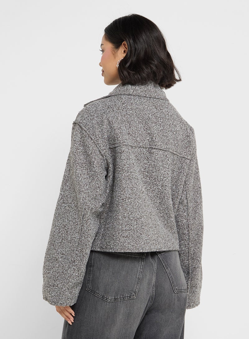 Fuzzy Marled Zip Up Jacket With Double Pocket