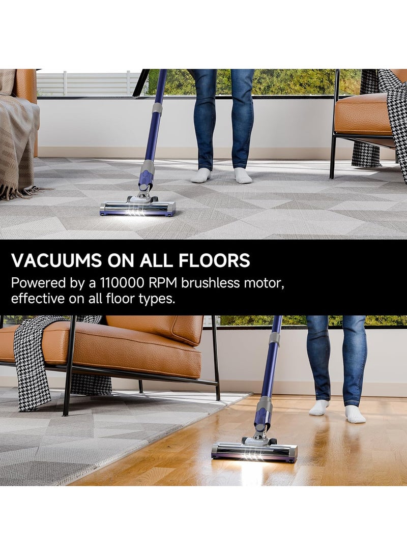 Cordless Vacuum Cleaner, 30Kpa Powerful Suction, Rechargeable Battery, Lightweight, LED Headlight, 35-min Runtime, for Carpet, Hard Floor, Anti-Tangle Brush for Pet Hair