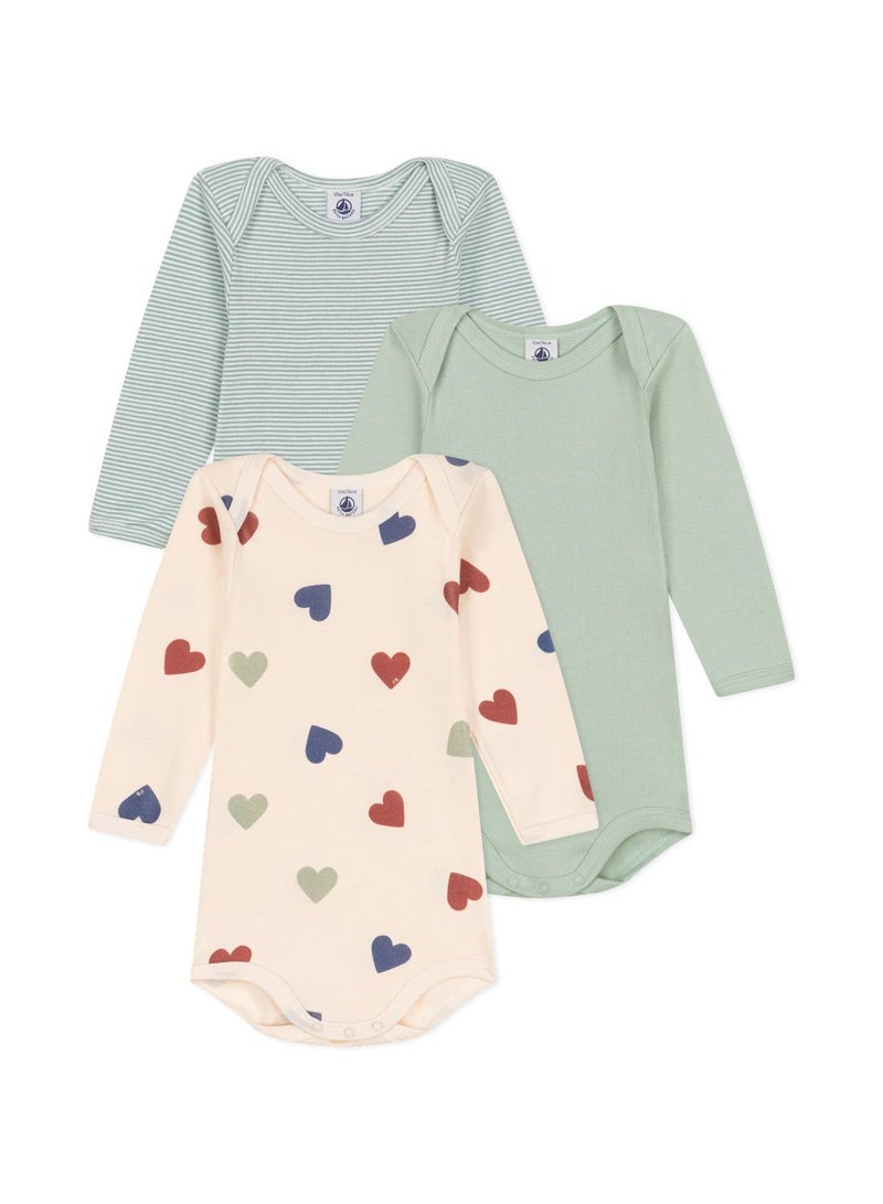 Babies' long-sleeved triple heart print cotton bodysuits - 3-Pack