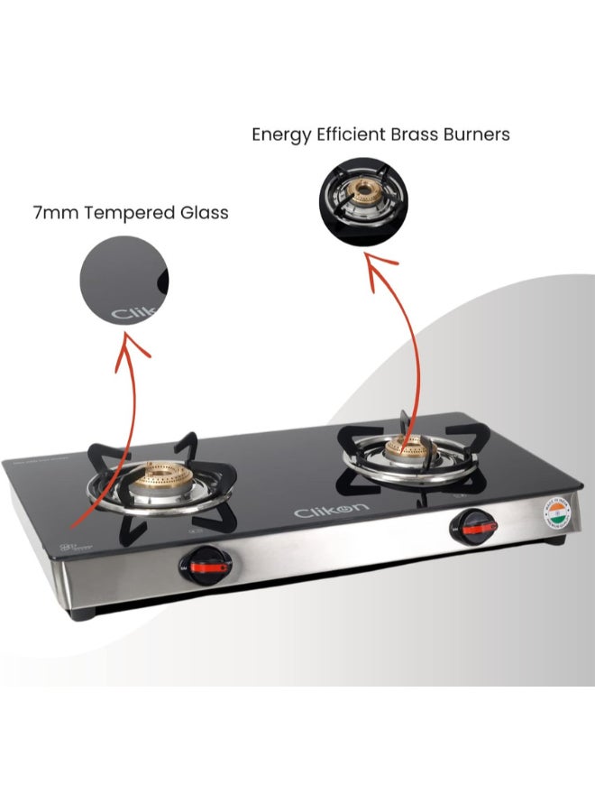 Double Gas Burner with Tempered Glass - Auto-Ignition, Thick Pan Support & Comfortable Knobs | Low Gas Consumption CK4291 Green