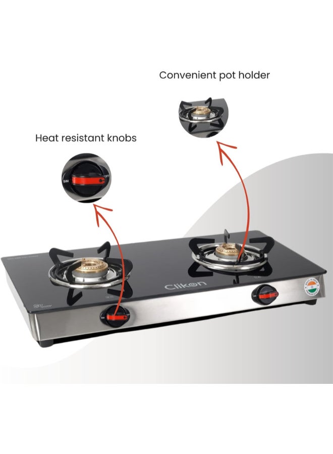 Double Gas Burner with Tempered Glass - Auto-Ignition, Thick Pan Support & Comfortable Knobs | Low Gas Consumption CK4291 Green