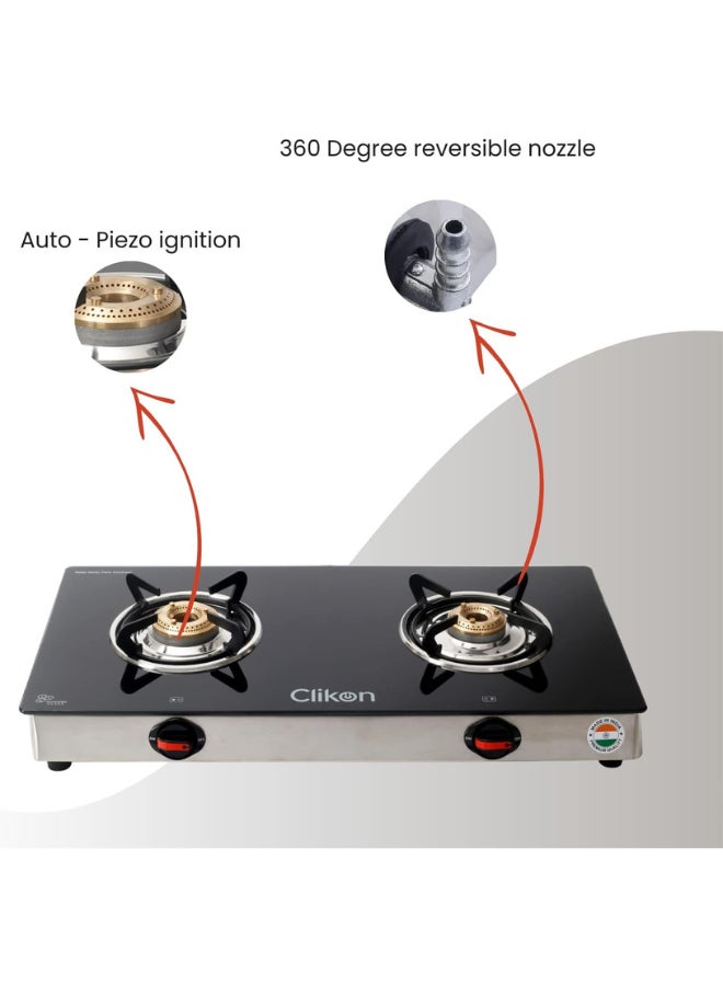 Double Gas Burner with Tempered Glass - Auto-Ignition, Thick Pan Support & Comfortable Knobs | Low Gas Consumption CK4291 Green