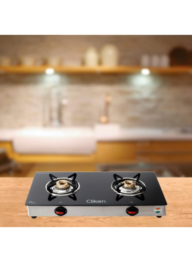 Double Gas Burner with Tempered Glass - Auto-Ignition, Thick Pan Support & Comfortable Knobs | Low Gas Consumption CK4291 Green