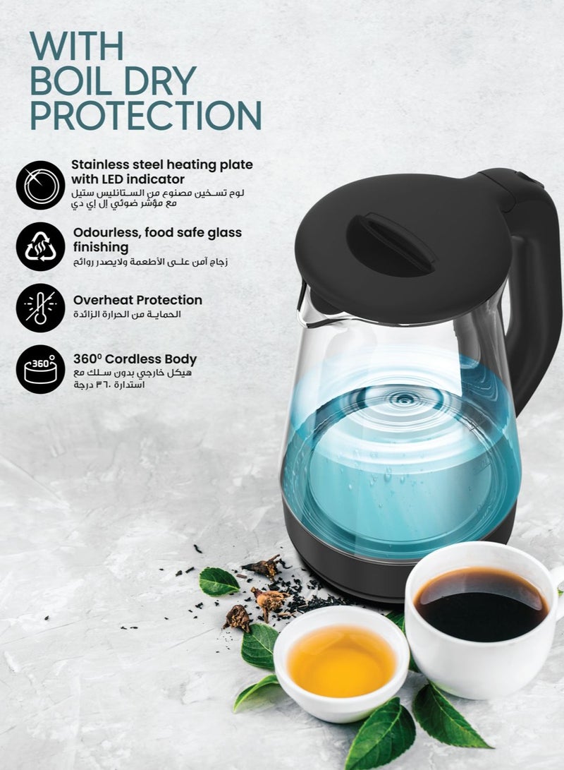 1.7 Liter Glass Body Electric Cordless Kettle with 360° Swivel Base,Auto Cut-off Function, LED Indicator, 1850-2200W, 2 Years Warranty 1.2 kg 2200 W CK5147 Black