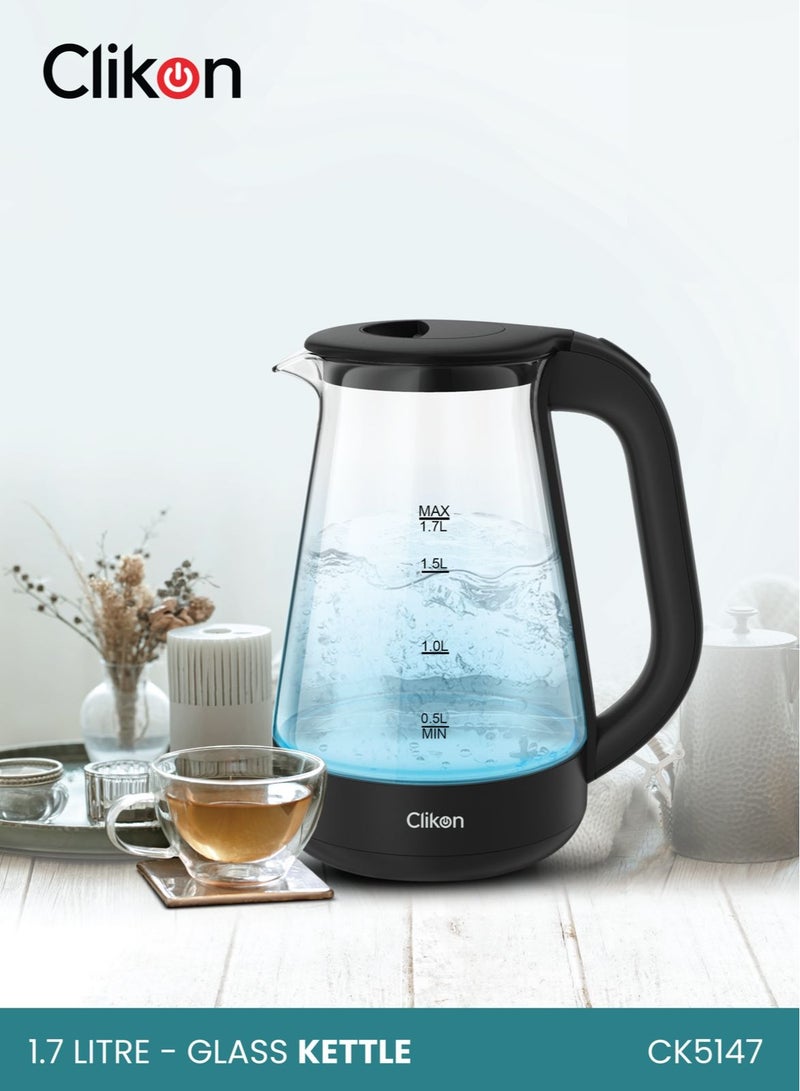 1.7 Liter Glass Body Electric Cordless Kettle with 360° Swivel Base,Auto Cut-off Function, LED Indicator, 1850-2200W, 2 Years Warranty 1.2 kg 2200 W CK5147 Black