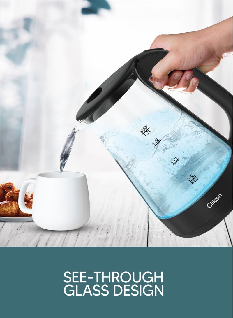 1.7 Liter Glass Body Electric Cordless Kettle with 360° Swivel Base,Auto Cut-off Function, LED Indicator, 1850-2200W, 2 Years Warranty 1.2 kg 2200 W CK5147 Black