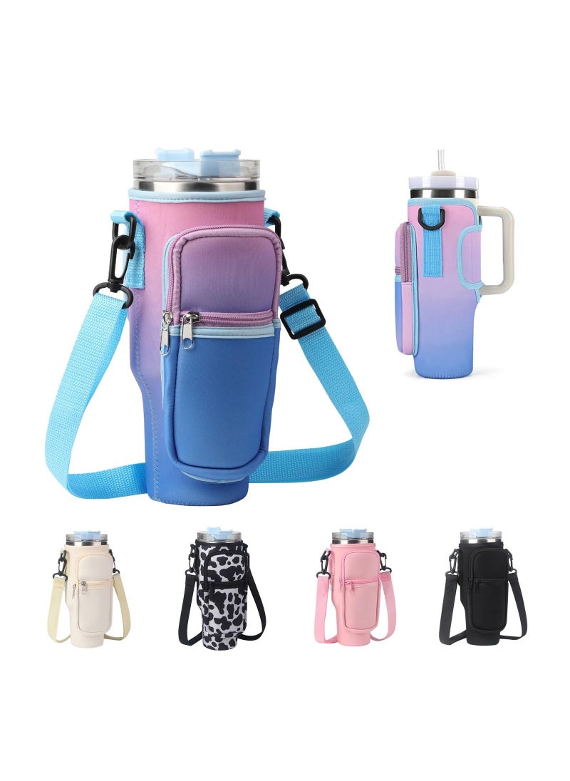 Water Bottle Carrier Bag for Stanley 40 Oz Tumbler, Water Bottle Holder with Shoulder Strap and Phone Pocket, Stanley Accessories for Walking Hiking Travelling, Gradient Purple