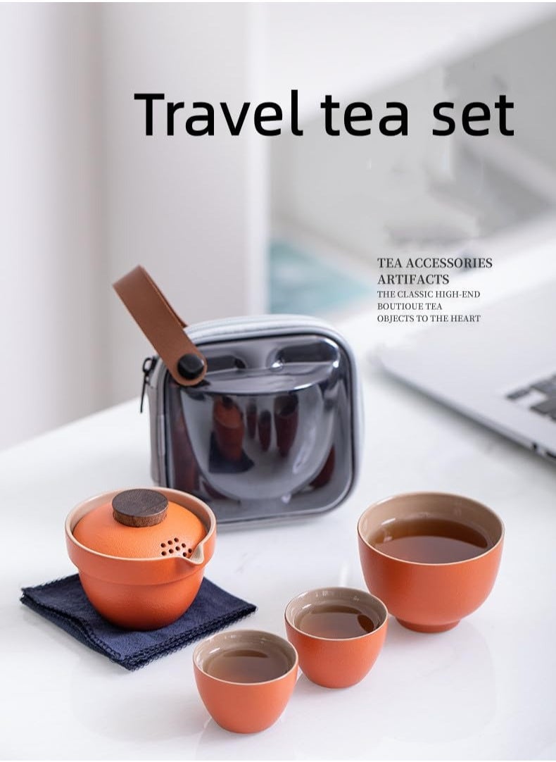 Handmade Ceramic Asian Tea Set, Kungfu Tea Sets, Portable Sake Cup for Adult, 1 Pot 3 Cups Porcelain Teacups with Tea Infuser Bag, Exquisite Tea Set for Tea Lover, Suitable for Friends Gathering