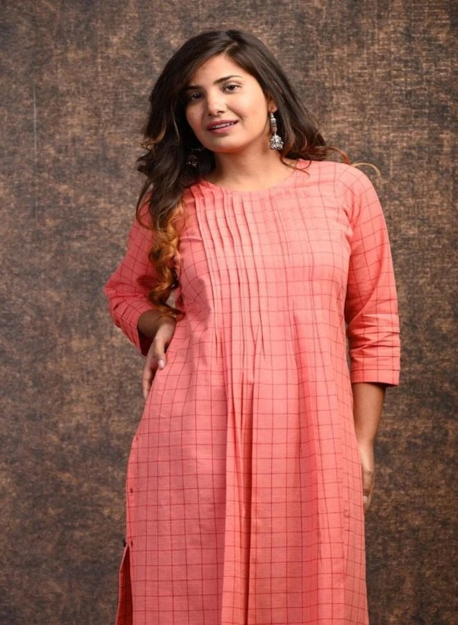 Coral Plaid Cotton Kurta Dress