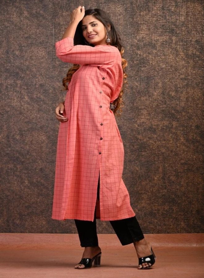 Coral Plaid Cotton Kurta Dress