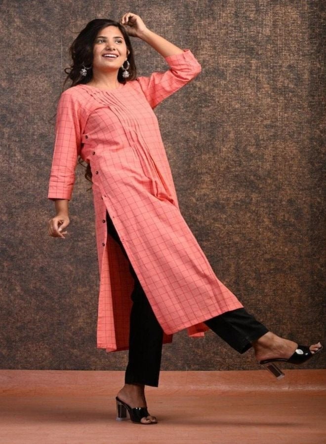 Coral Plaid Cotton Kurta Dress