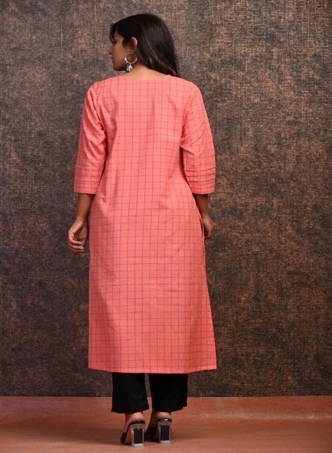 Coral Plaid Cotton Kurta Dress