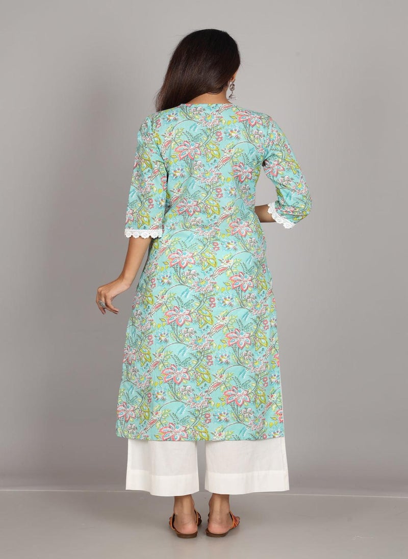 Sea Green Lace Cotton Kurta