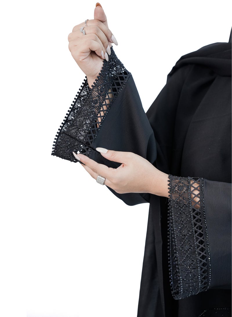 Double Front Lace Abaya for Women - Tiktok Fabric with Black Shining Crystals