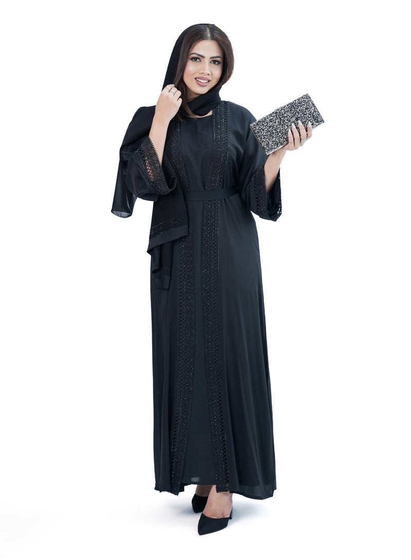 Double Front Lace Abaya for Women - Tiktok Fabric with Black Shining Crystals