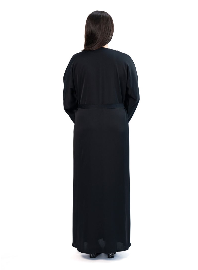 Double Front Lace Abaya for Women - Tiktok Fabric with Black Shining Crystals