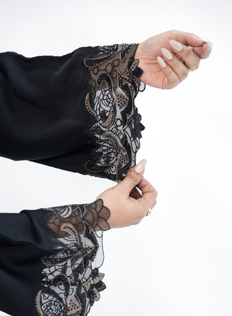 Organza Embroidery Lace Open Abaya for Women - Korean Nida Fabric with AB Crystals