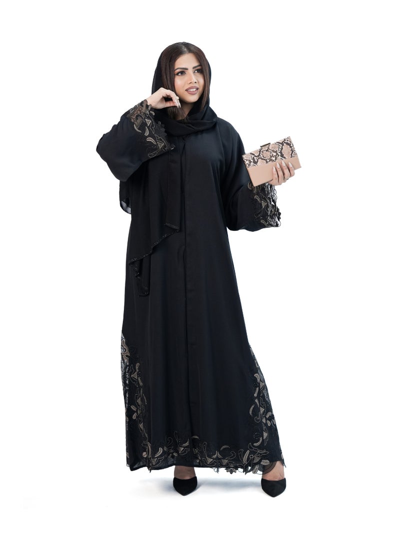 Organza Embroidery Lace Open Abaya for Women - Korean Nida Fabric with AB Crystals