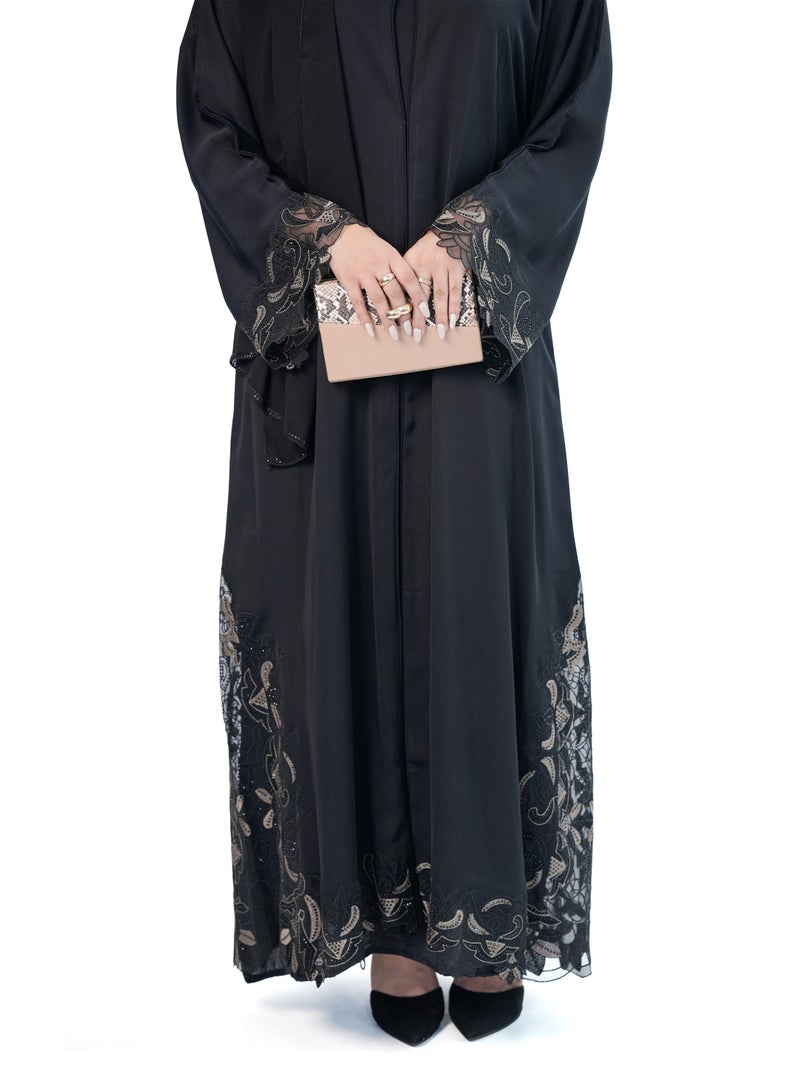 Organza Embroidery Lace Open Abaya for Women - Korean Nida Fabric with AB Crystals