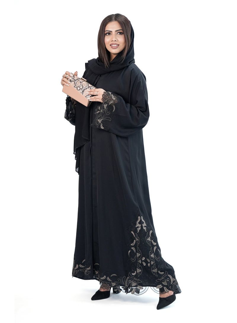 Organza Embroidery Lace Open Abaya for Women - Korean Nida Fabric with AB Crystals