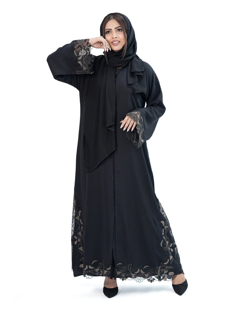 Organza Embroidery Lace Open Abaya for Women - Korean Nida Fabric with AB Crystals