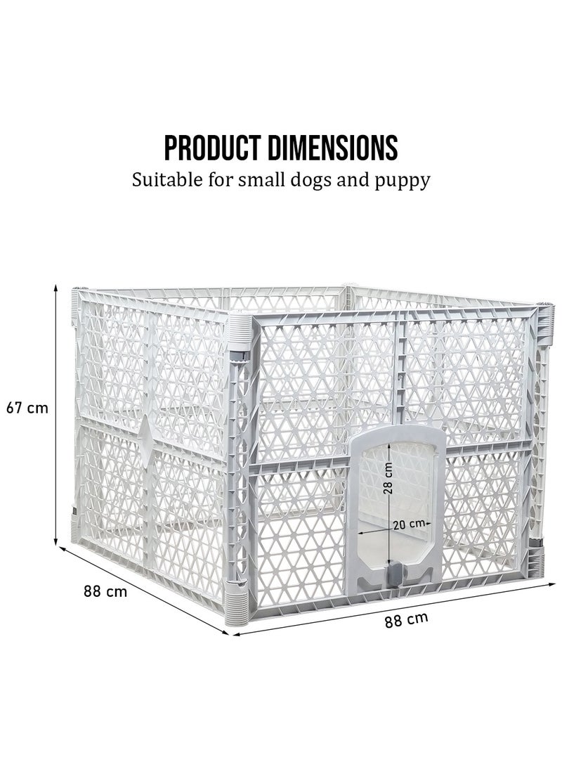 Plastic dog playpen with Secure locking door, 4-panel pet playpen for small to medium-sized pets, Foldable pet enclosure fence, Ideal for Indoor & Outdoor use 88 cm (White)