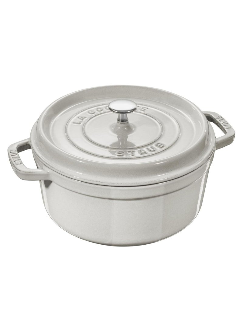 Staub Round Cocotte 24Cm White 3.8L Cast Iron Material Matte Black Inner Enamel. Lid With Aroma Rain Structure. Suitable For All Types Of Hobs Incl. Induction. Ovensafe. Grill Safe.