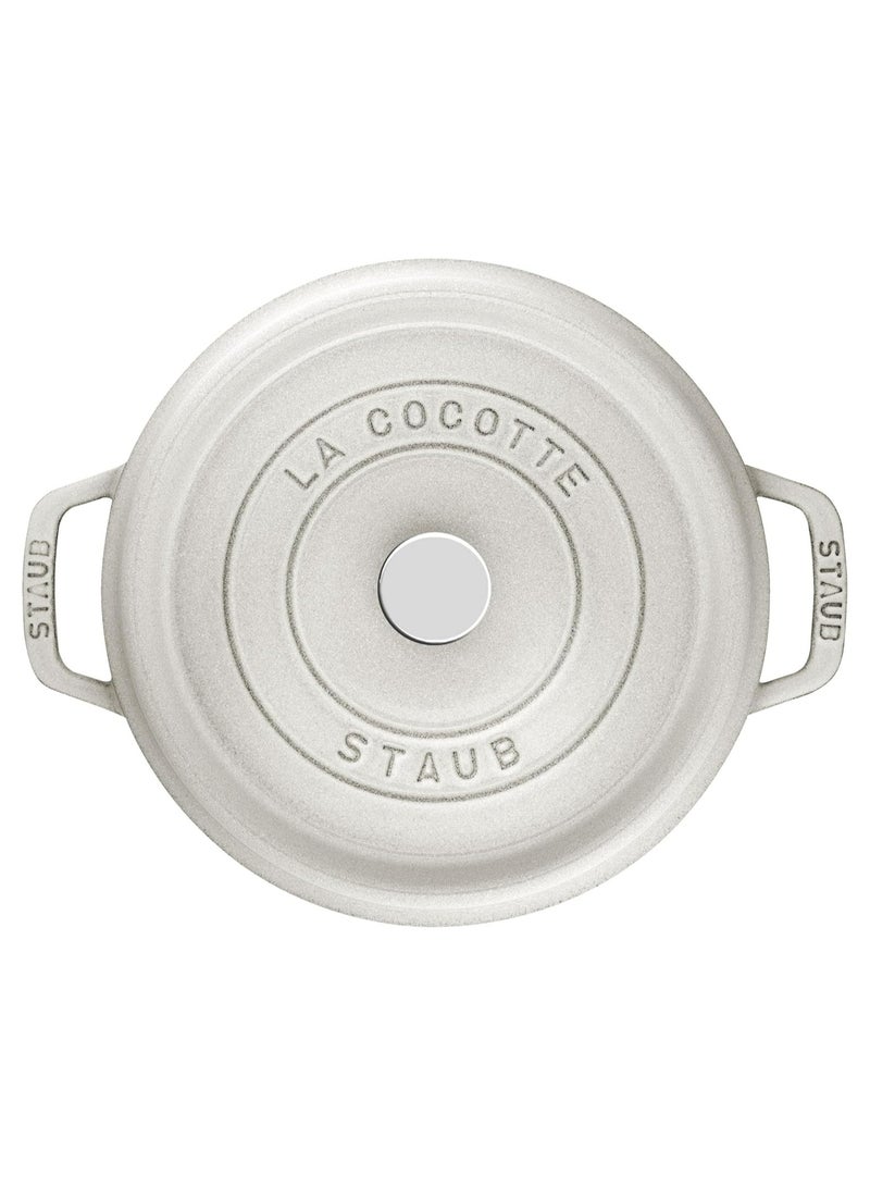 Staub Round Cocotte 24Cm White 3.8L Cast Iron Material Matte Black Inner Enamel. Lid With Aroma Rain Structure. Suitable For All Types Of Hobs Incl. Induction. Ovensafe. Grill Safe.