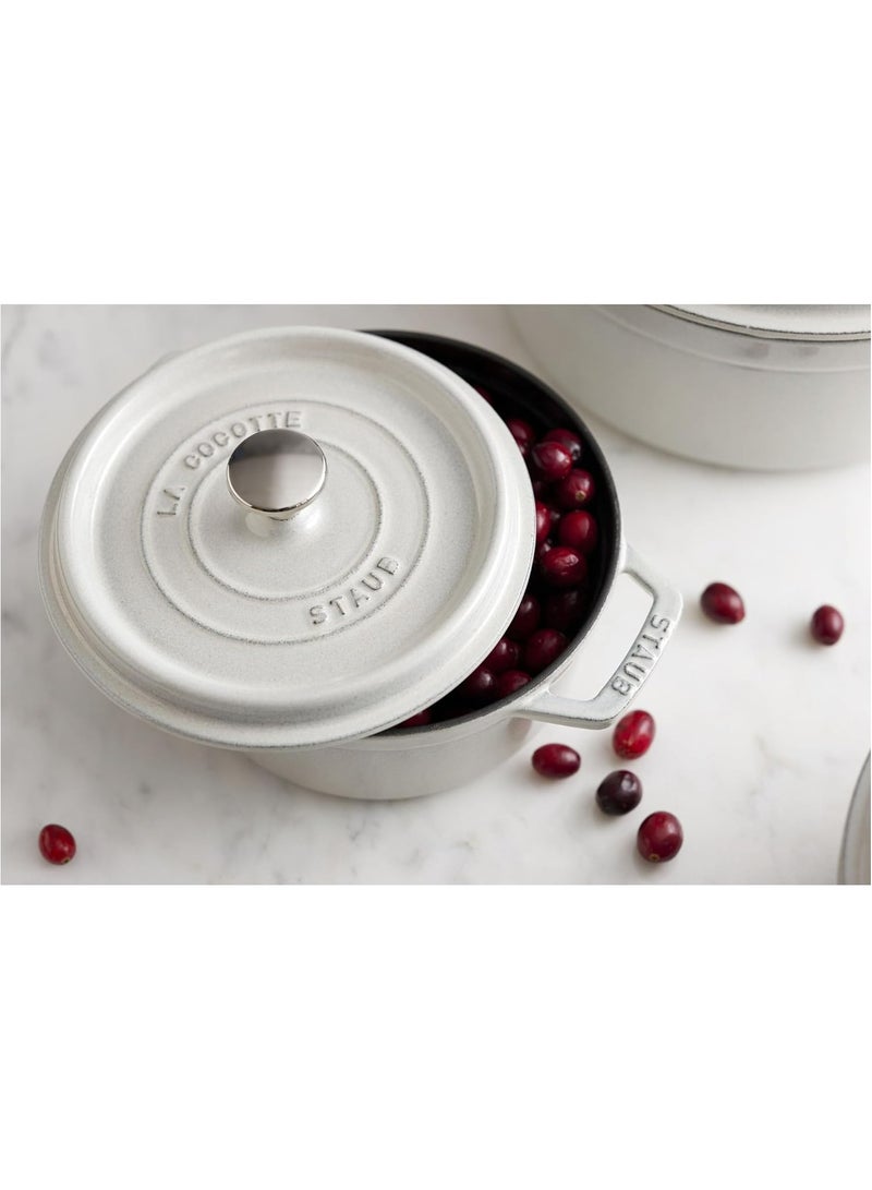 Staub Round Cocotte 24Cm White 3.8L Cast Iron Material Matte Black Inner Enamel. Lid With Aroma Rain Structure. Suitable For All Types Of Hobs Incl. Induction. Ovensafe. Grill Safe.