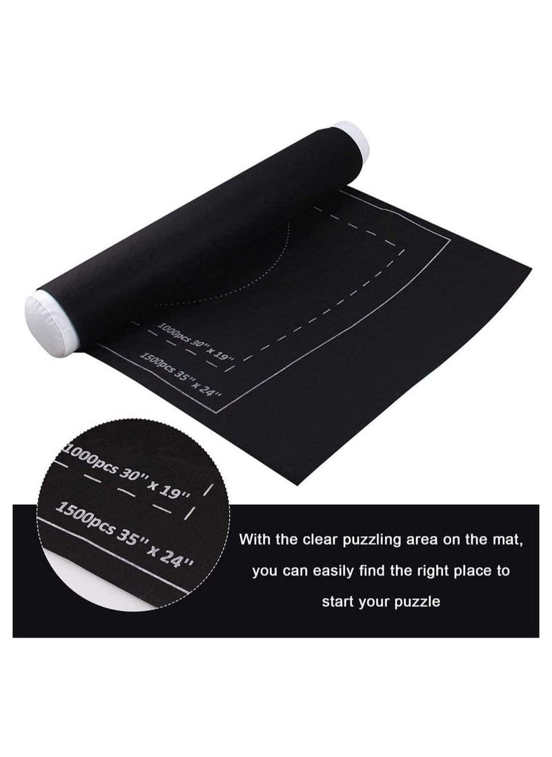 Puzzle Roll Mat, Portable Puzzles Mat Jigsaw Roll Felt Mat, Felt Puzzle Mat Play Mat Puzzles Blanket for up to 1000-1500 Pieces Puzzles Travel Storage Bag, 26 x 46 Inches, Black