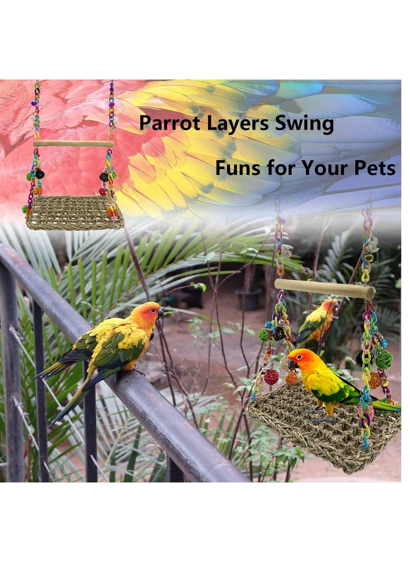 Bird Seagrass Swing Toys with Wood Perch Bird Parrot Trapeze Swing Seagrass Bird Climbing Hammock Bird Perch Stand Chewing Toy for Lovebird, Cockatiel, Budgie, Conure Parrotlet