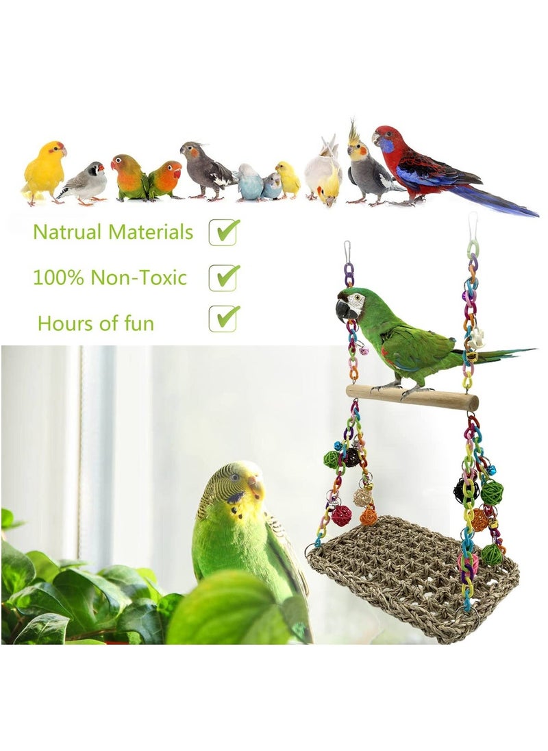 Bird Seagrass Swing Toys with Wood Perch Bird Parrot Trapeze Swing Seagrass Bird Climbing Hammock Bird Perch Stand Chewing Toy for Lovebird, Cockatiel, Budgie, Conure Parrotlet