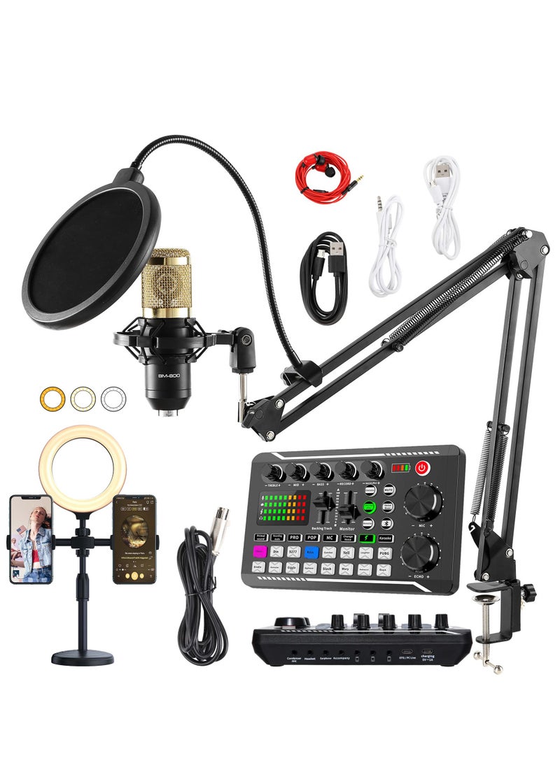 Podcast Microphone Bundle with Ring Light and Phone Holder, BM-800 Condenser Mic with Live Sound Card Kit, Podcast Equipment Bundle with Voice Changer and Mixer Functions