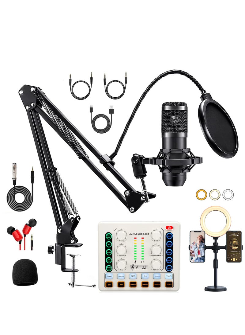 Podcast Equipment Bundle with Ring Light and Phone Holder , BM-800 Recording Studio Package with Voice Changer, Live Sound Card,Audio Interface for Laptop Computer Vlog Living Broadcast Live Streaming