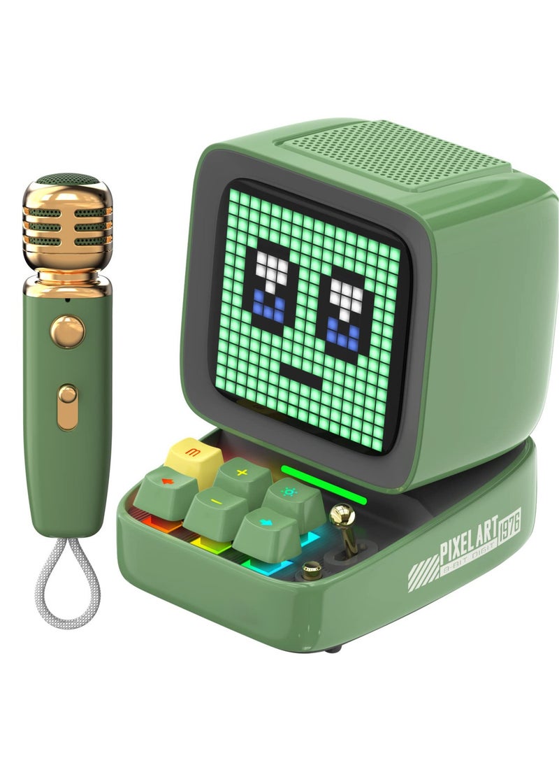 Retro Pixel Art Game Bluetooth Speaker, RGB Keyboard and Pixel Display Desktop Decor, Different Sound Modes, with Karaoke Microphone & 16X16 LED App Controlled Front Screen, for Home Party (Green)