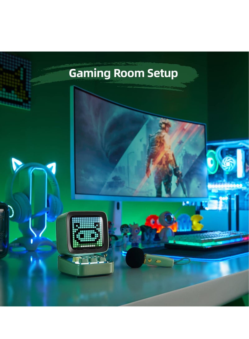 Retro Pixel Art Game Bluetooth Speaker, RGB Keyboard and Pixel Display Desktop Decor, Different Sound Modes, with Karaoke Microphone & 16X16 LED App Controlled Front Screen, for Home Party (Green)